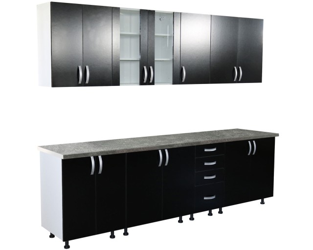 Bucatarie Zebra 260 cm din PAL Negru cu blat termoizolant gri